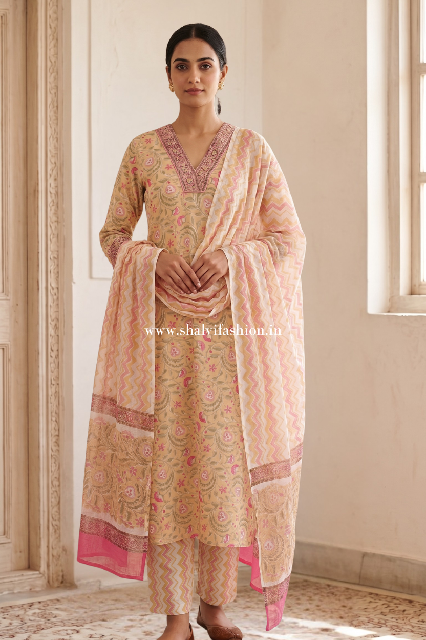 Shop hand block printed cotton suits with kota dupatta (CKDS23)