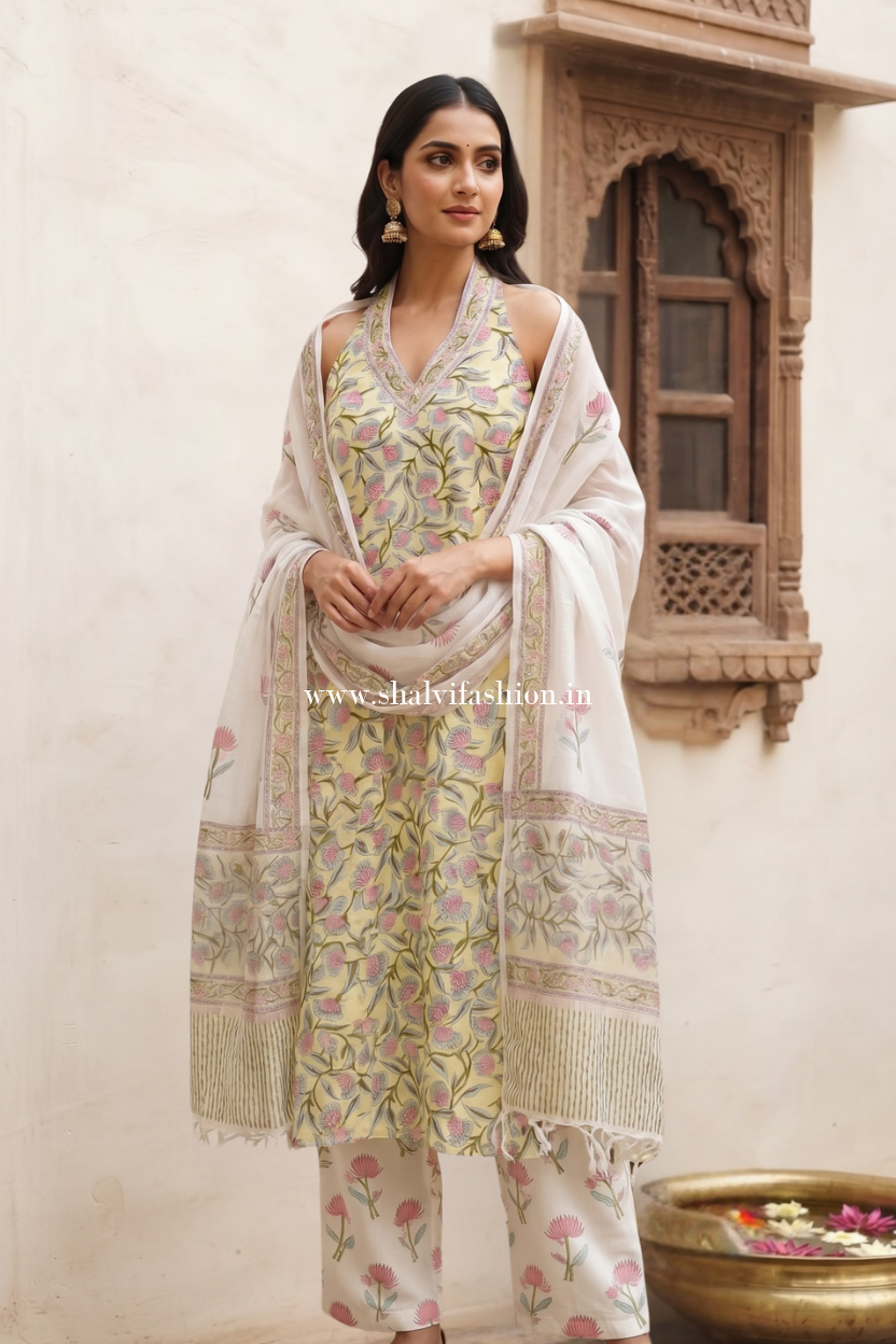 Shop jaipuri block print cotton suits with kota dupatta (CKDS37)