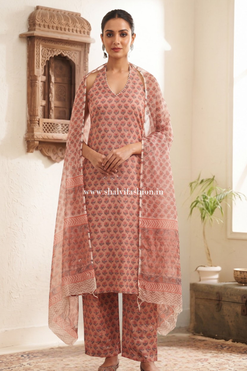 Shop block printed cotton suits with kota dupatta (CKDS53)