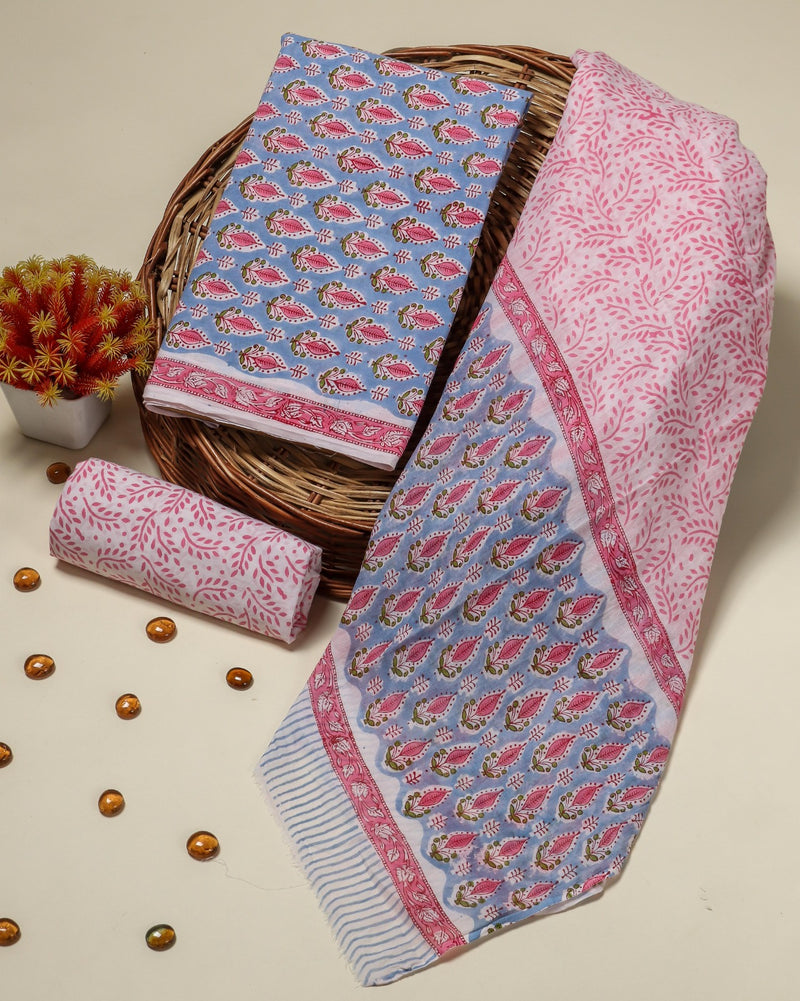 Shop unstitched block print cotton suits with mulmul dupatta (COT01)