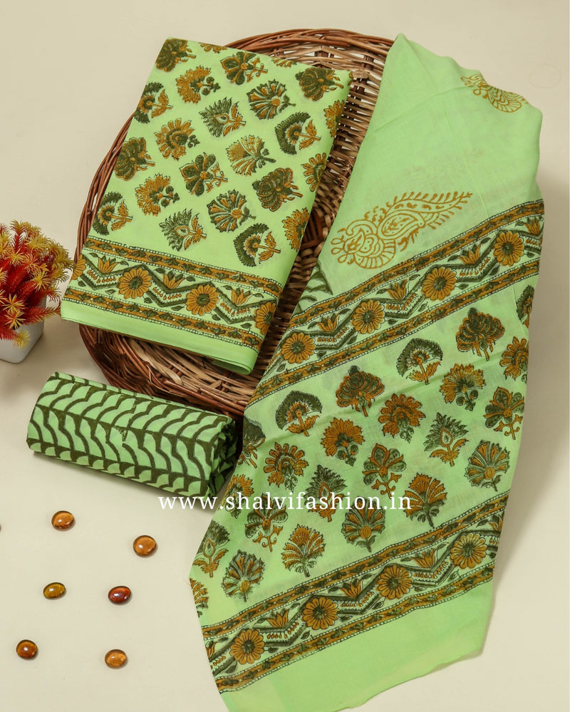 Shop block printed cotton suits with mulmul dupatta (COT70)