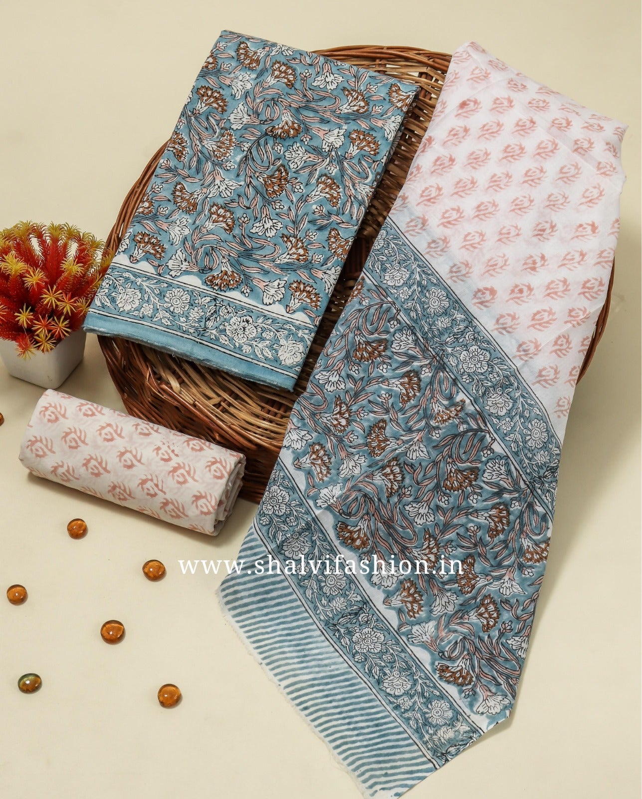 Shop block printed mulmul dupatta cotton suits (COT73)