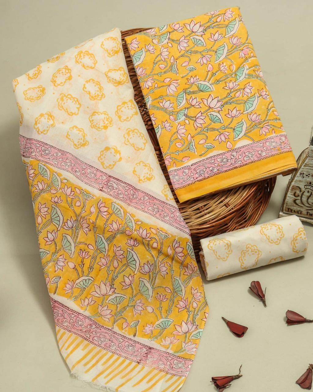 Shop block print cotton suits with mulmul dupatta (COT90)