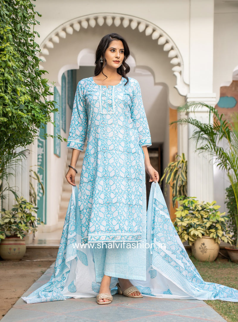 Shop traditional block printed cotton suit set with mulmul dupatta (CSS104MUL)