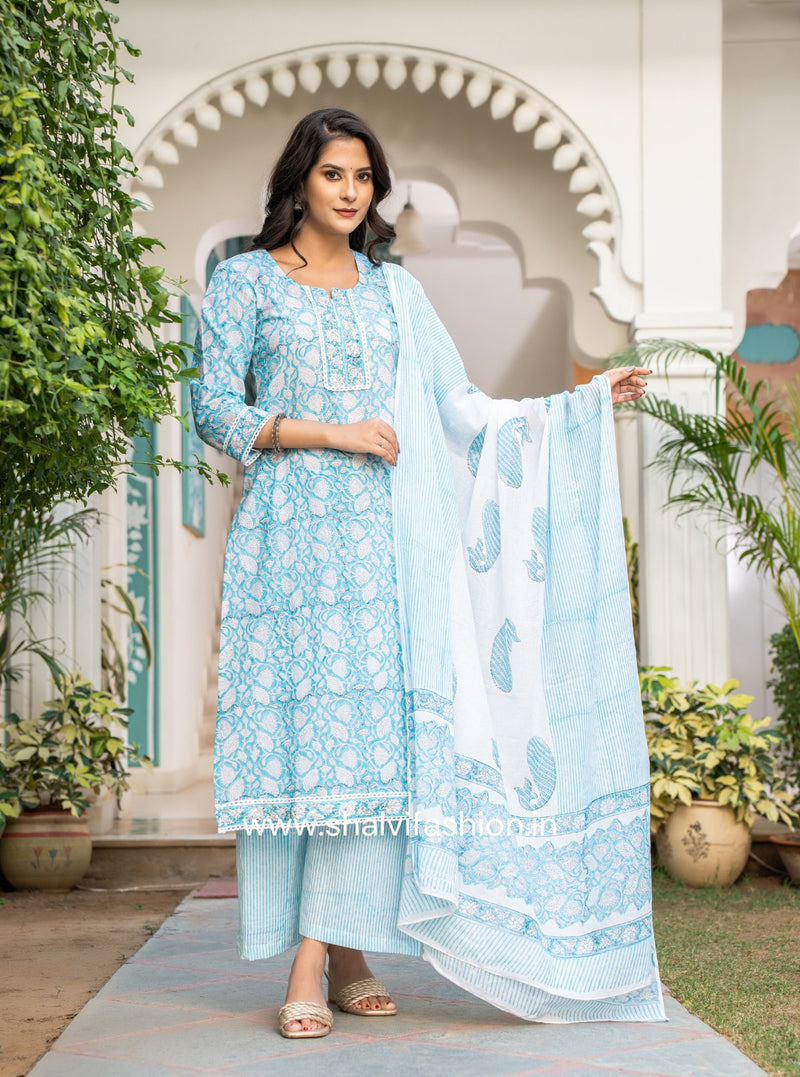 Shop traditional block printed cotton suit set with mulmul dupatta (CSS104MUL)