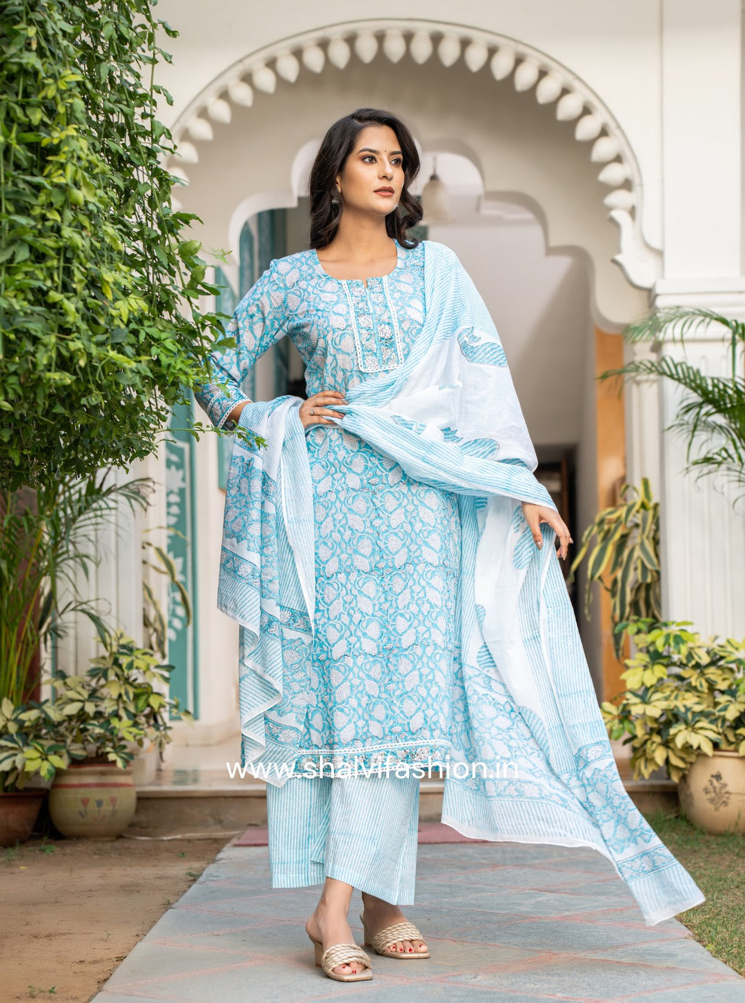 Shop Traditional Block Printed Cotton Suit Set With Mulmul Dupatta