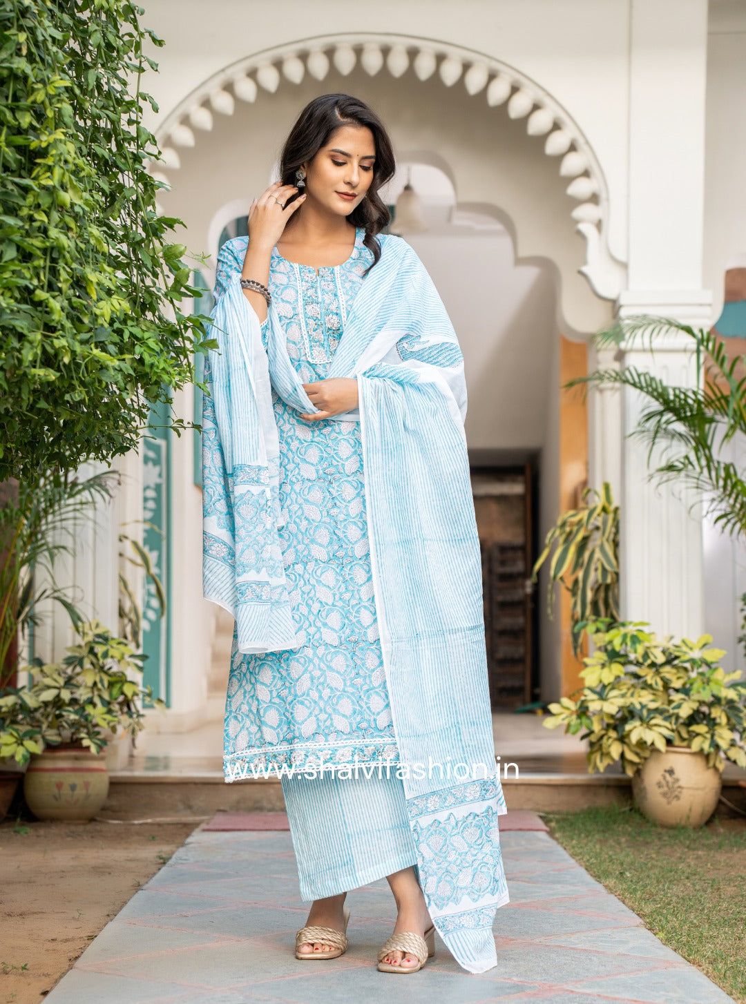 Shop Traditional Block Printed Cotton Suit Set With Mulmul Dupatta