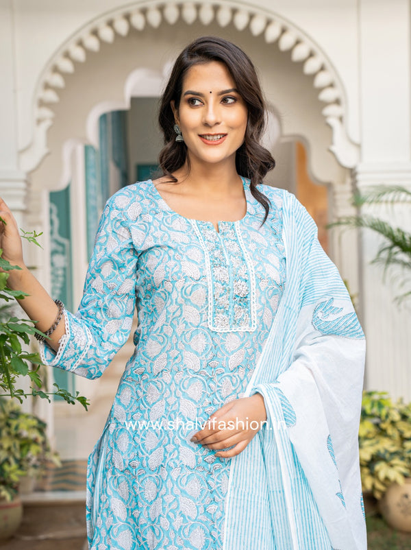 Shop traditional block printed cotton suit set with mulmul dupatta (CSS104MUL)