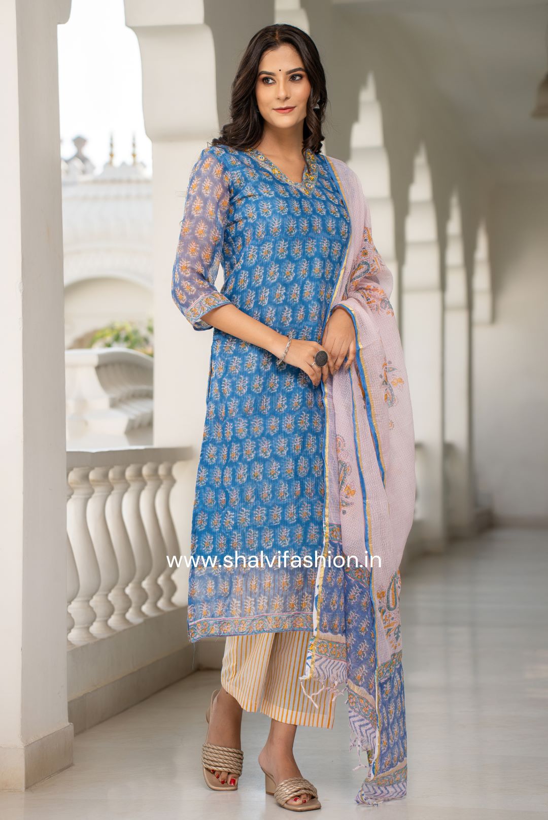 Shop blue buti print kota doria suit sets online (CSS107)