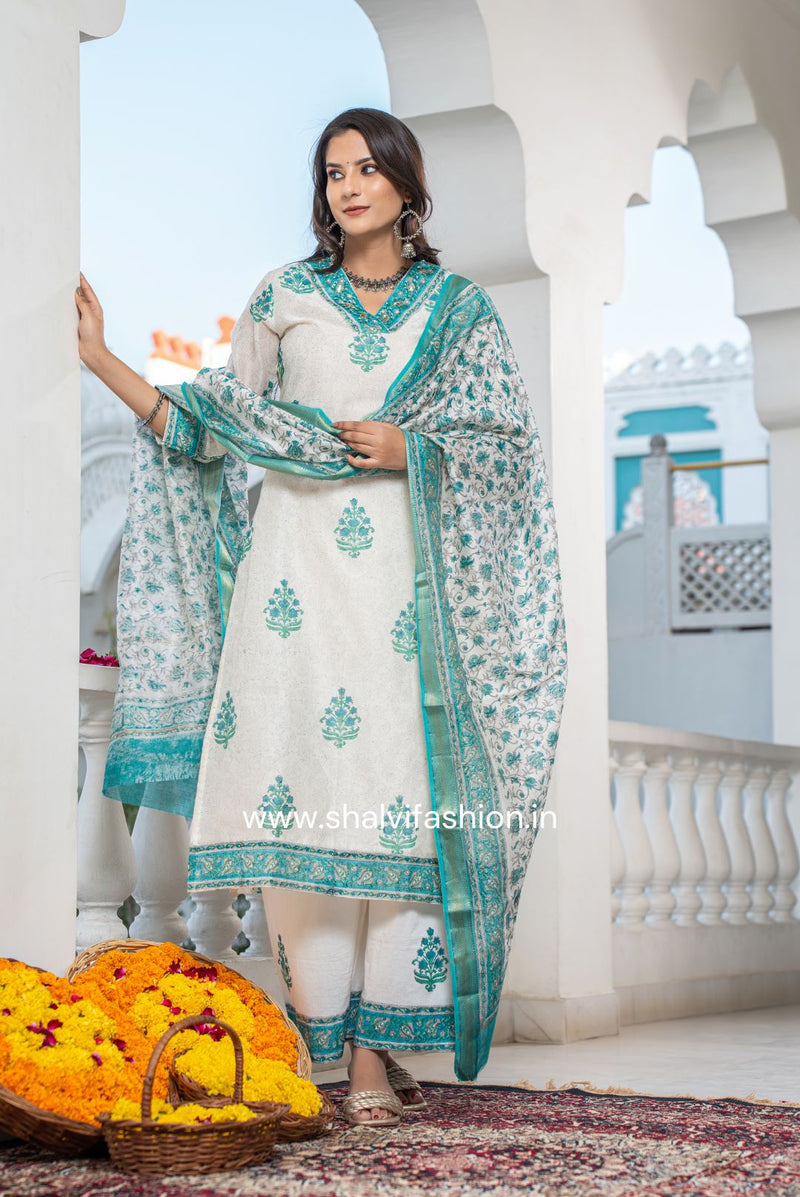 Shop hand block print chanderi silk suits online (CSS108)