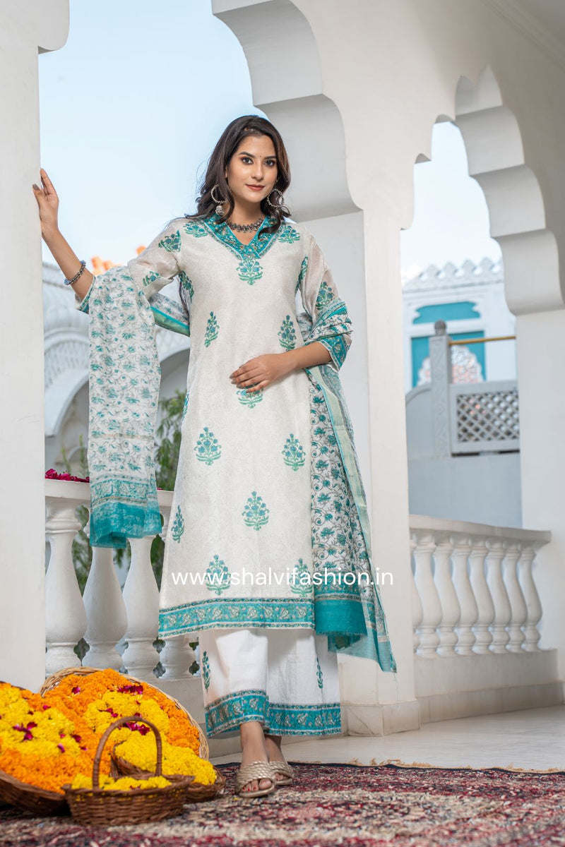 Shop hand block print chanderi silk suits online (CSS108)