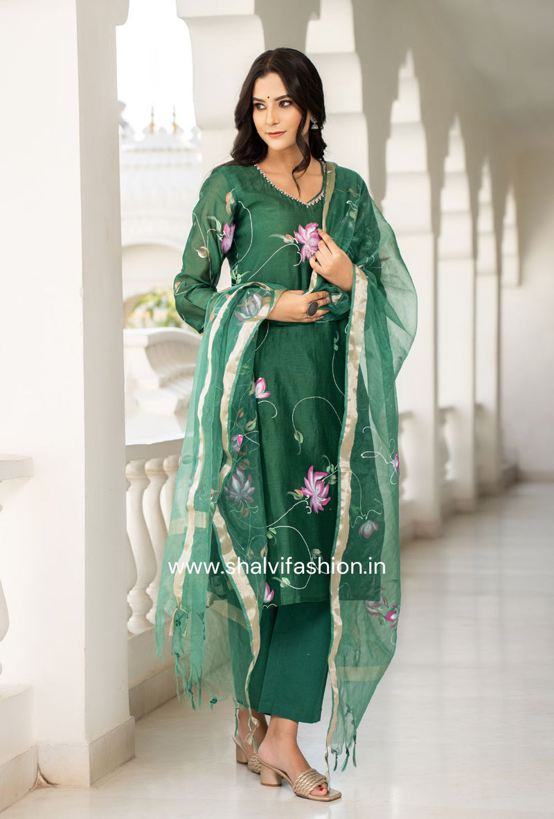 Shop hand painted chanderi silk suits with oganza dupatta (CSS113)