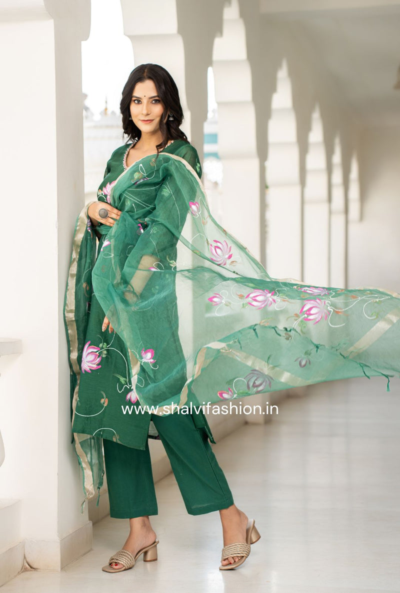 Shop hand painted chanderi silk suits with oganza dupatta (CSS113)