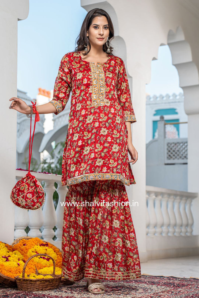 Bahar Collection : Hand Block Print Chanderi Silk Sharara Suit Set (CSS117)