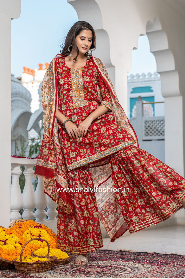 Silk Sharara Suit Red and Yellow | Naari Collections