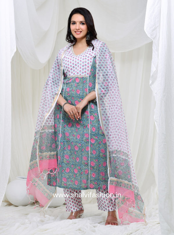 Shop jaipuri print cotton suits with kota dupatta (CSS128KD)