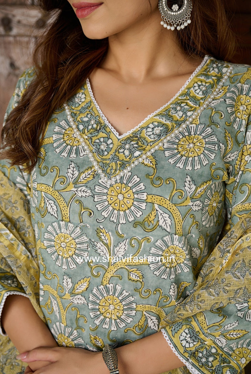 Shop hand block printed cotton suits with kota dupatta (CSS136KD)