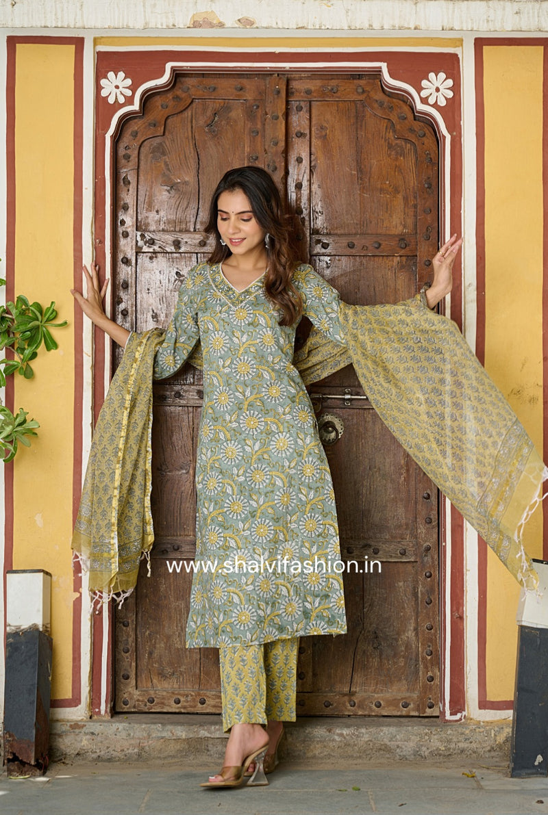 Shop hand block printed cotton suits with kota dupatta (CSS136KD)