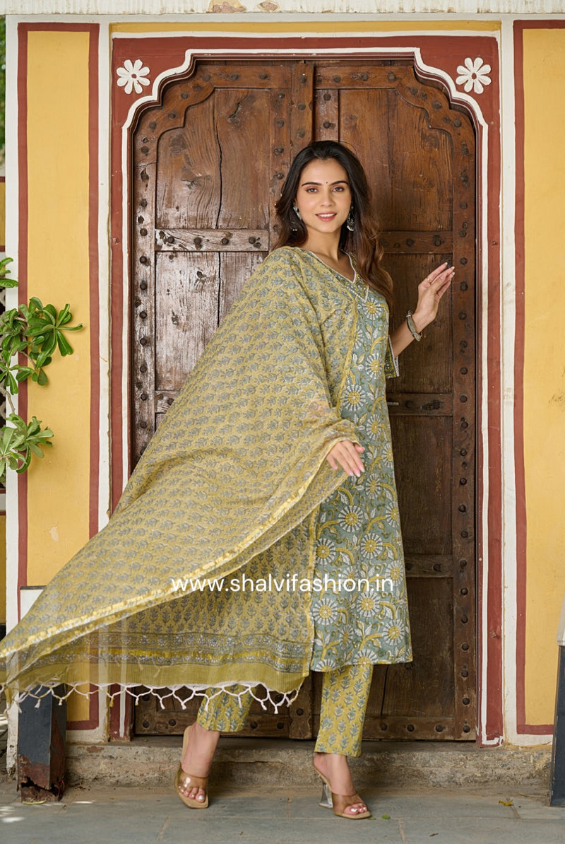 Shop hand block printed cotton suits with kota dupatta (CSS136KD)