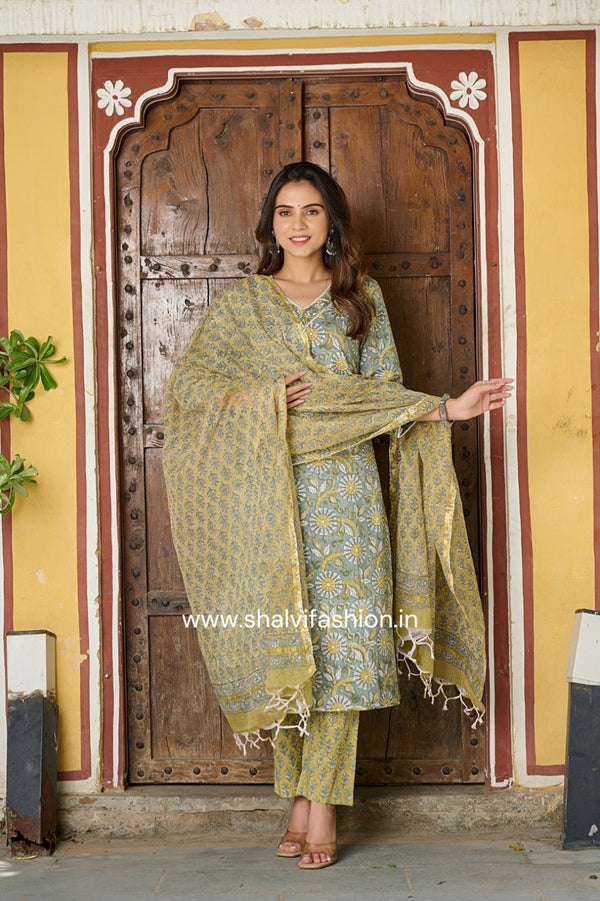 Shop hand block printed cotton suits with kota dupatta (CSS136KD)