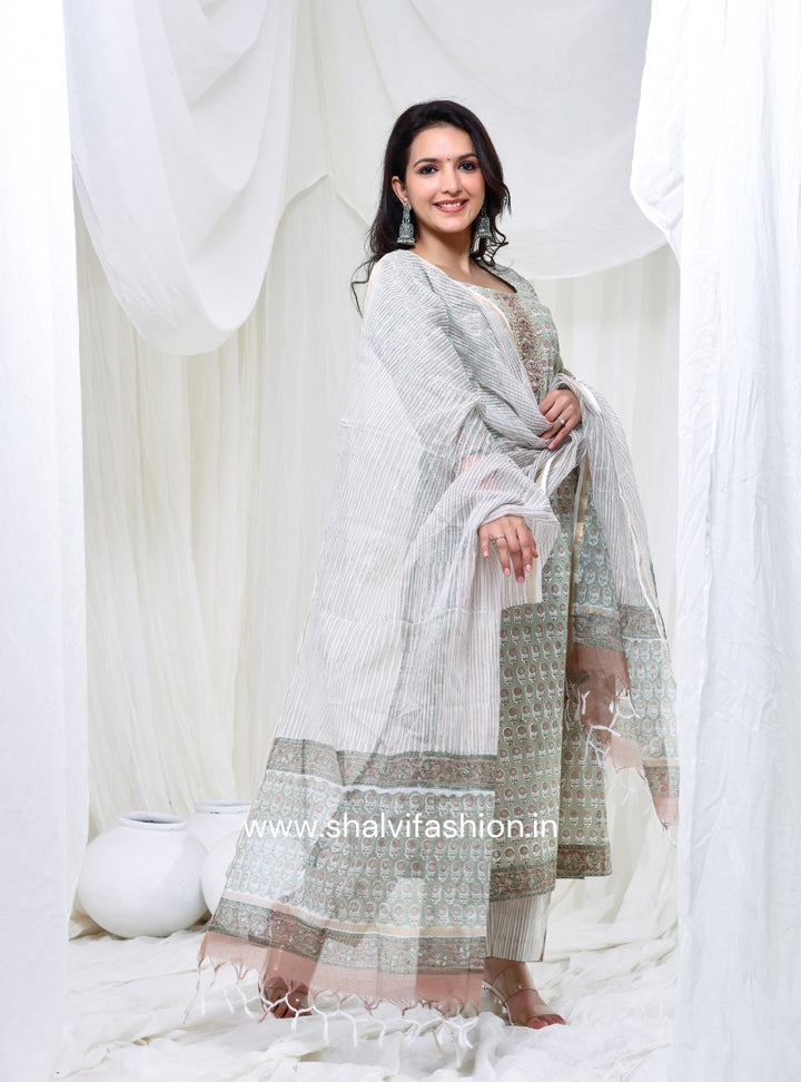 Ikkat Pochampally Handloom Women's Cotton Unstitched Ethnic Dress Material  - SIDM0007 - HandloomWear
