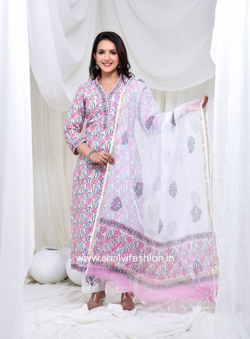 Shop block print cotton suits with kota dupatta (CSS146KD)