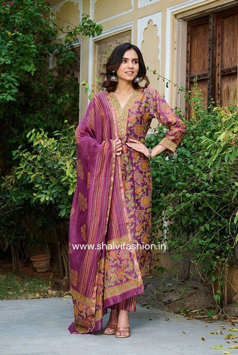 Shop hand blockprint chanderi silk suits (CSS197)