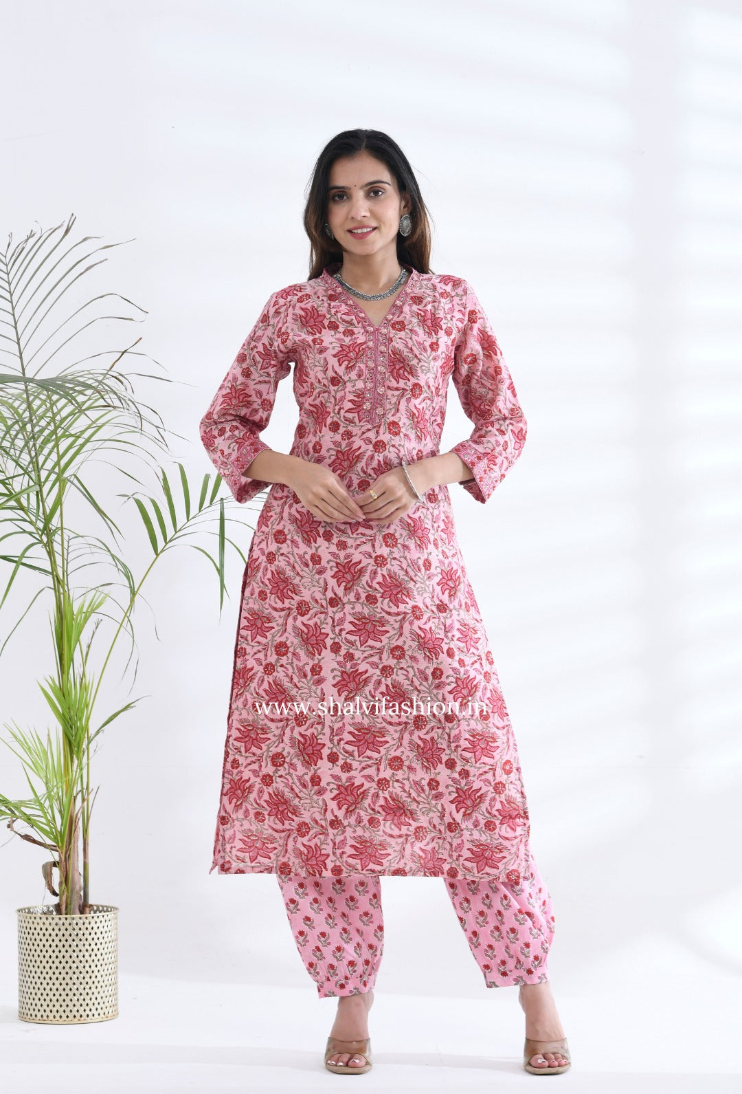 Pink Hand Block Print Chanderi Silk Suit Set (CSS213)