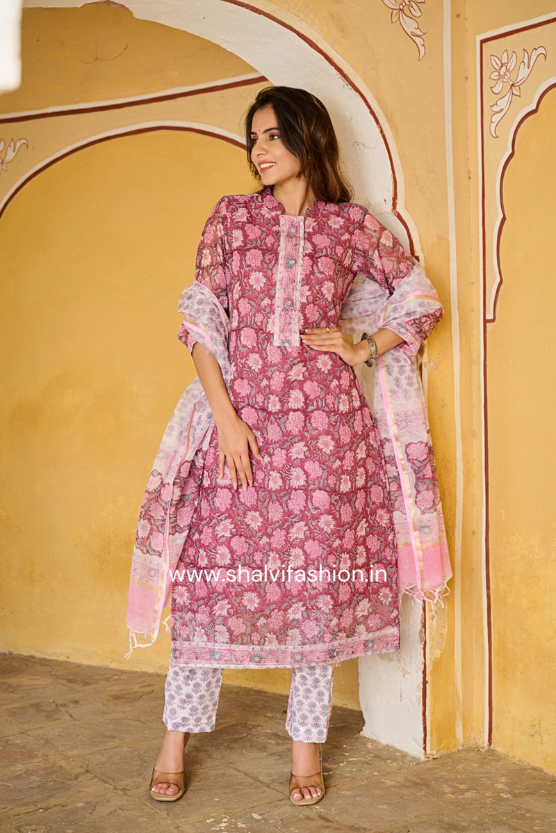 Shop hand block print kota doria suits online shopping (CSS221)