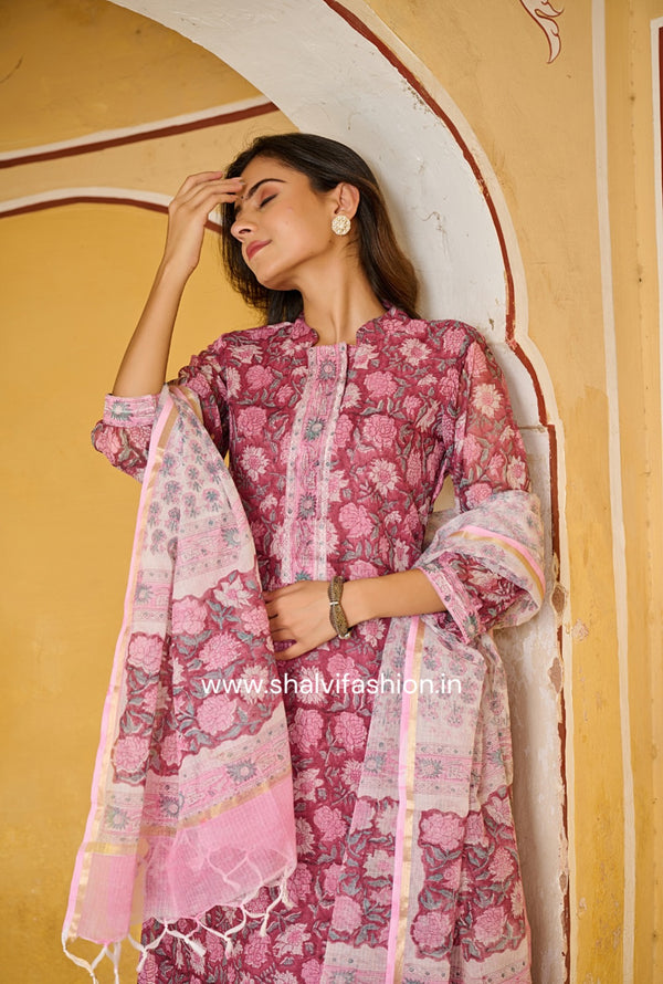 Shop hand block print kota doria suits online shopping (CSS221)