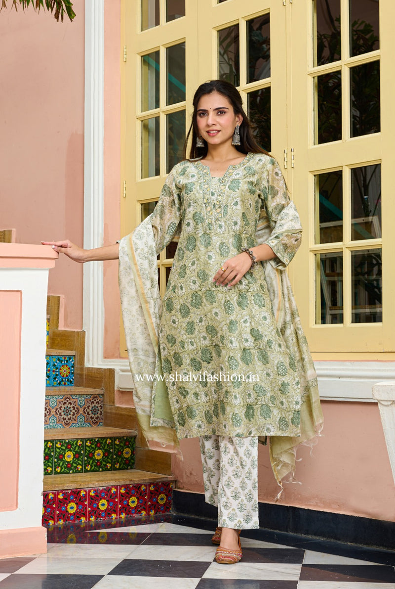 Shop block printed pure chanderi silk suits online shopping (CSS225)