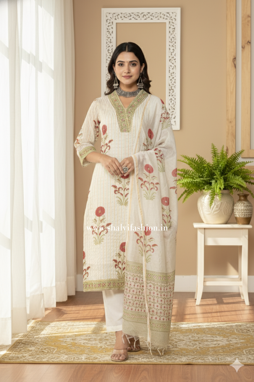 Exclusive Hand Block Print Mulmul Chanderi Suit Set (CSS232)