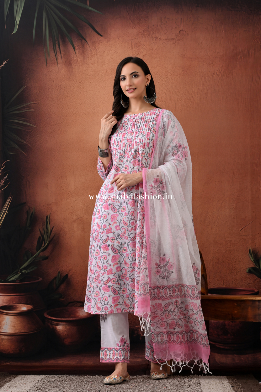 Shop block printed kota dupatta cotton suits (CSS282)