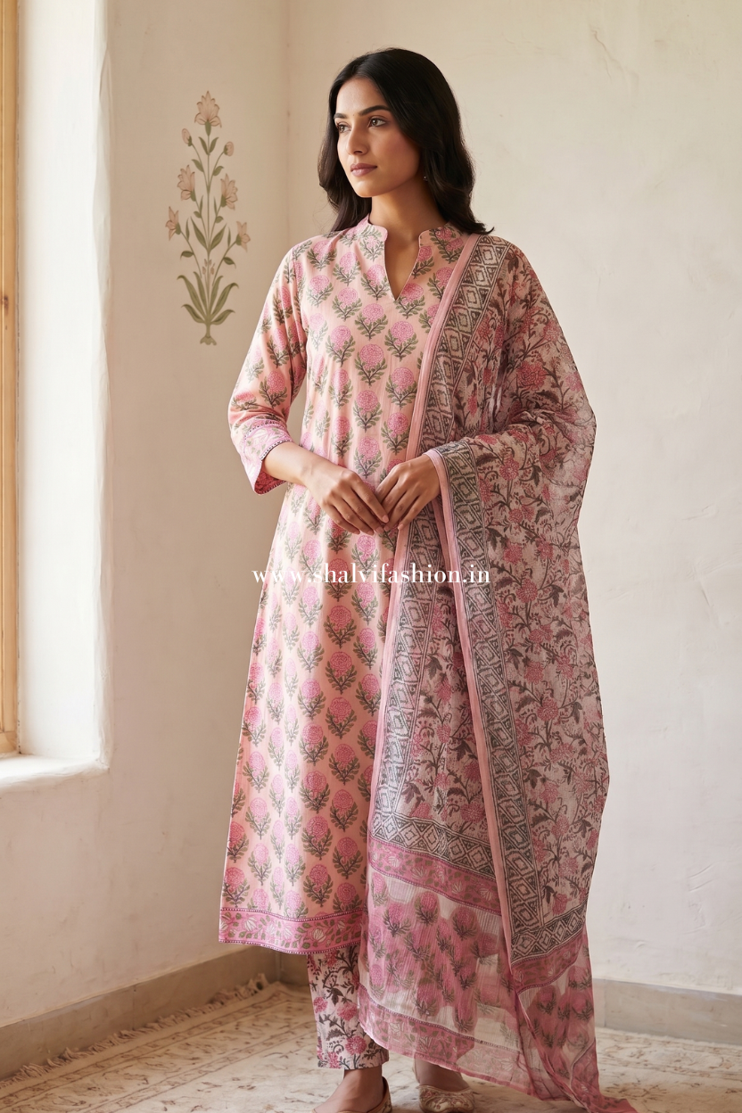 Shop jaipuri printed cotton suits with kota doria dupatta (CSS286)