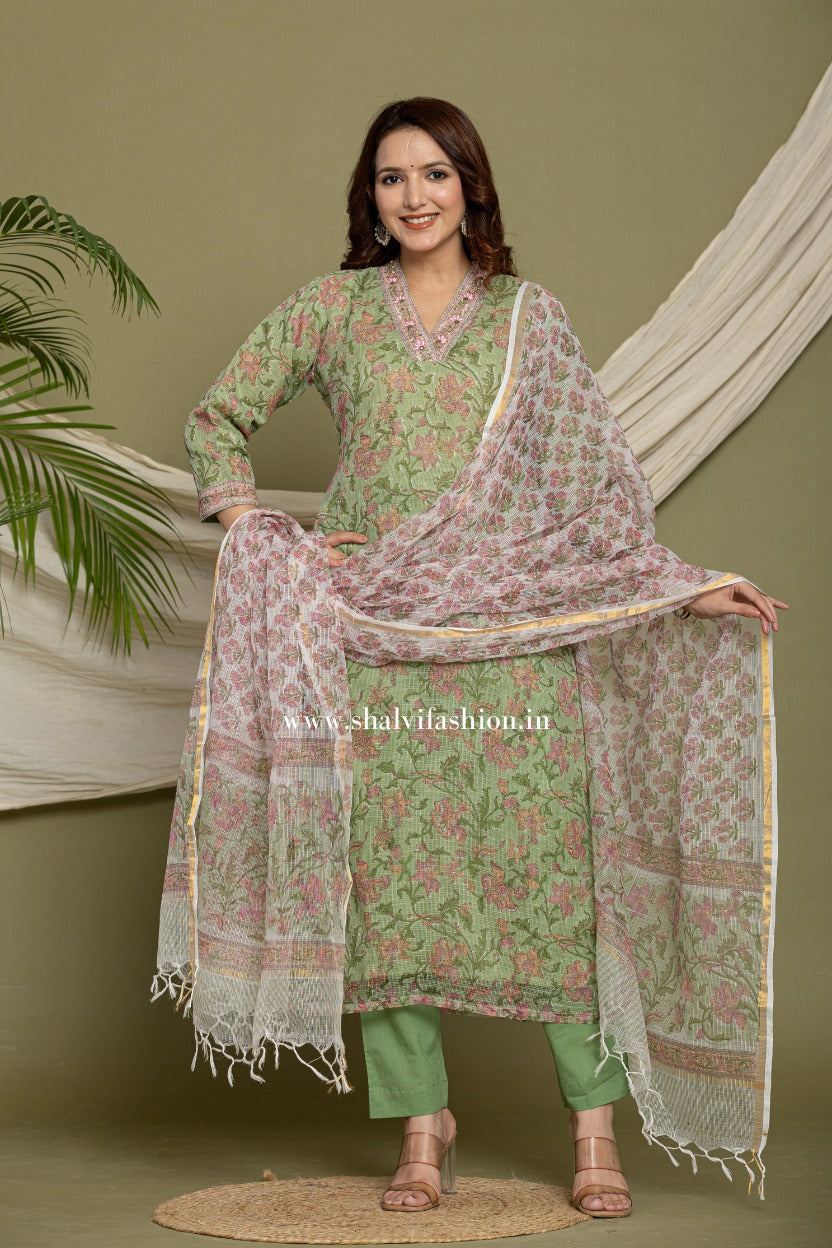 Shop hand block printed kota doria suits online shopping (CSS319)
