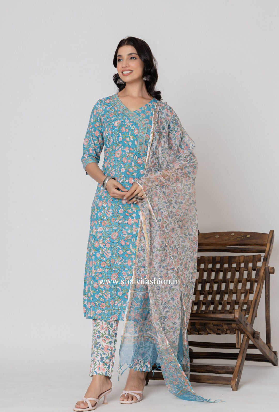 Shop block printed cotton suits with kota dupatta (CSS365)