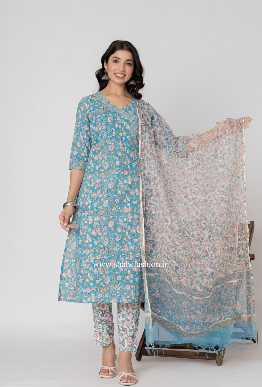 Shop block printed cotton suits with kota dupatta (CSS365)