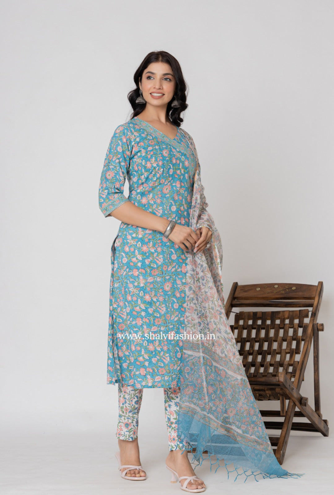 Shop block printed cotton suits with kota dupatta (CSS365)