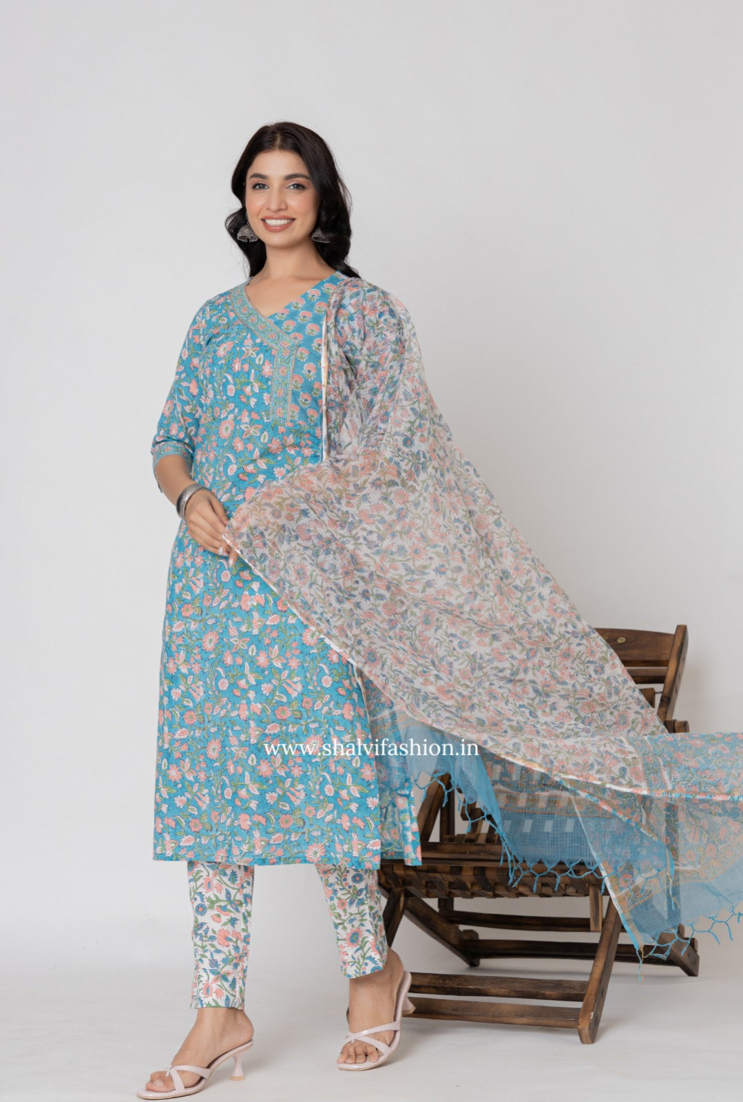 Shop block printed cotton suits with kota dupatta (CSS365)