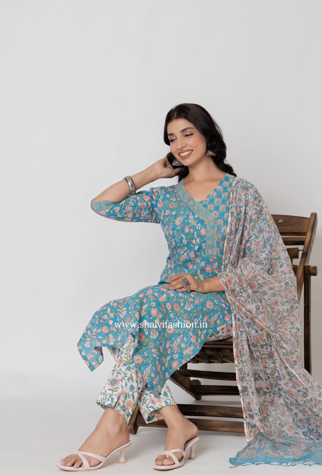 Shop block printed cotton suits with kota dupatta (CSS365)
