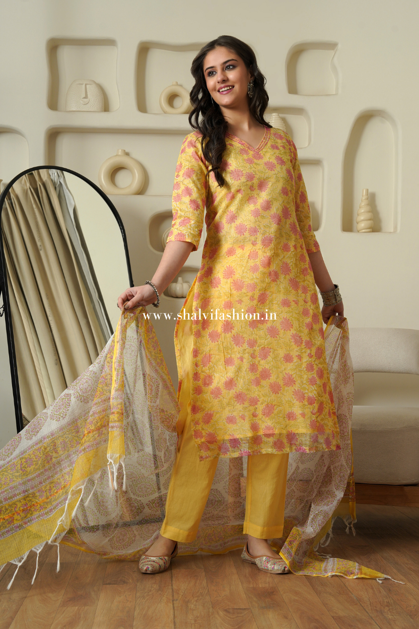 Shop block printed kota doria suits online shopping (CSS379)
