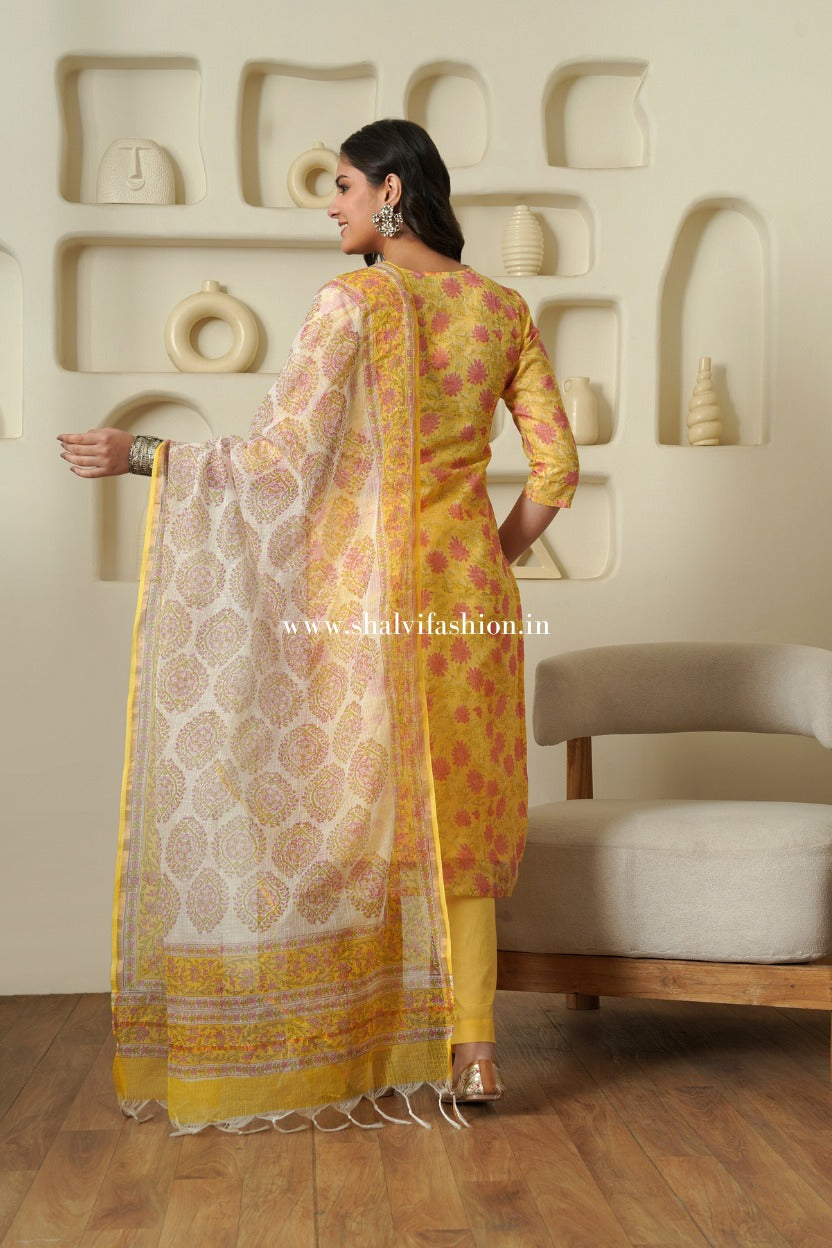 Shop block printed kota doria suits online shopping (CSS379)