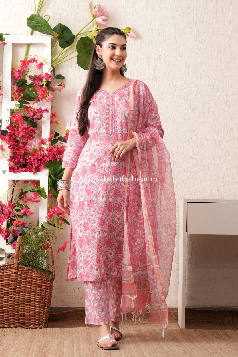 Shop block print cotton suits with kota dupatta online (CSS386)