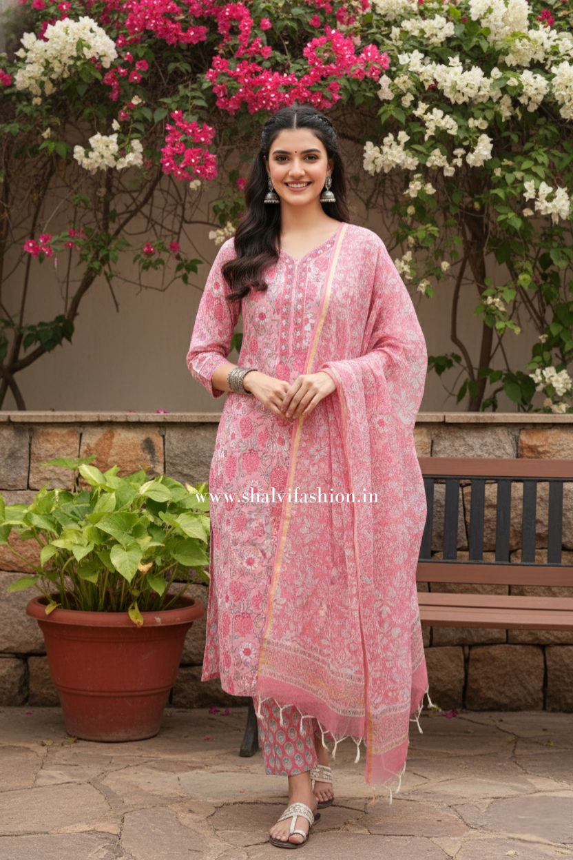 Shop block print cotton suits with kota dupatta online (CSS386)