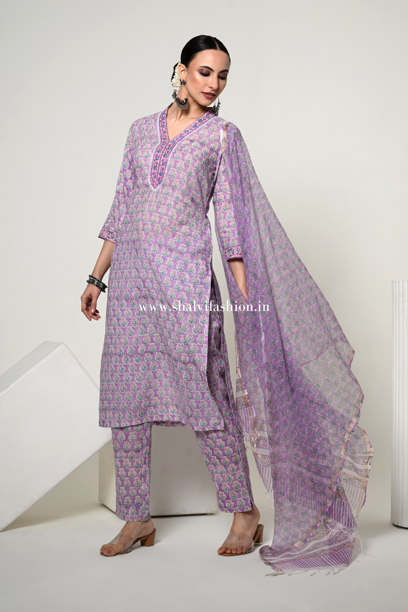 Shop block print kota dupatta cotton suits online (CSS387)