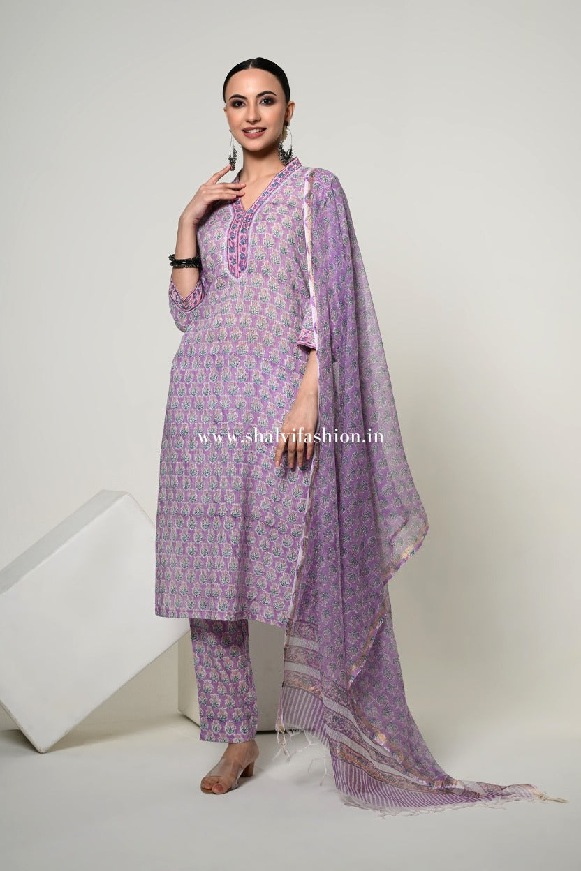 Shop block print kota dupatta cotton suits online (CSS387)