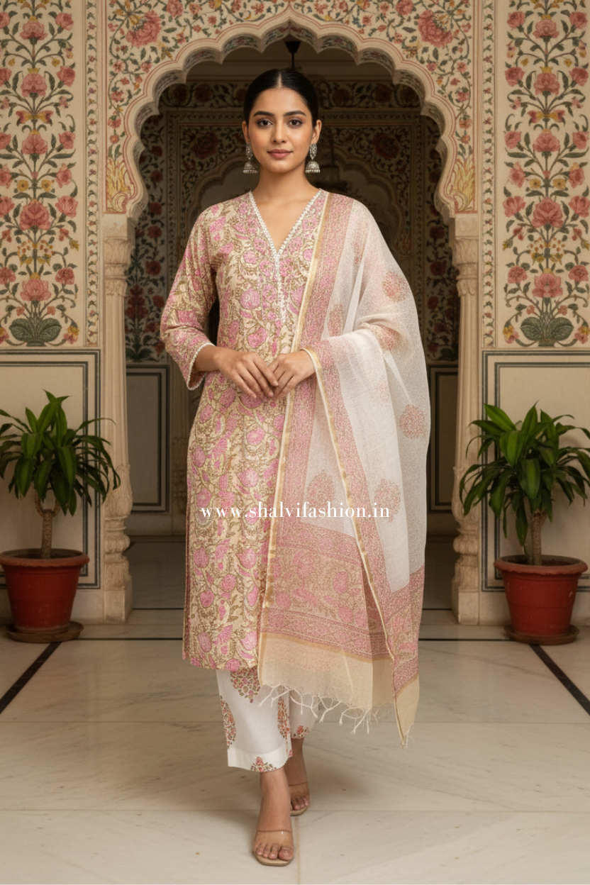 Shop block print cotton suits with kota dupatta (CSS388)