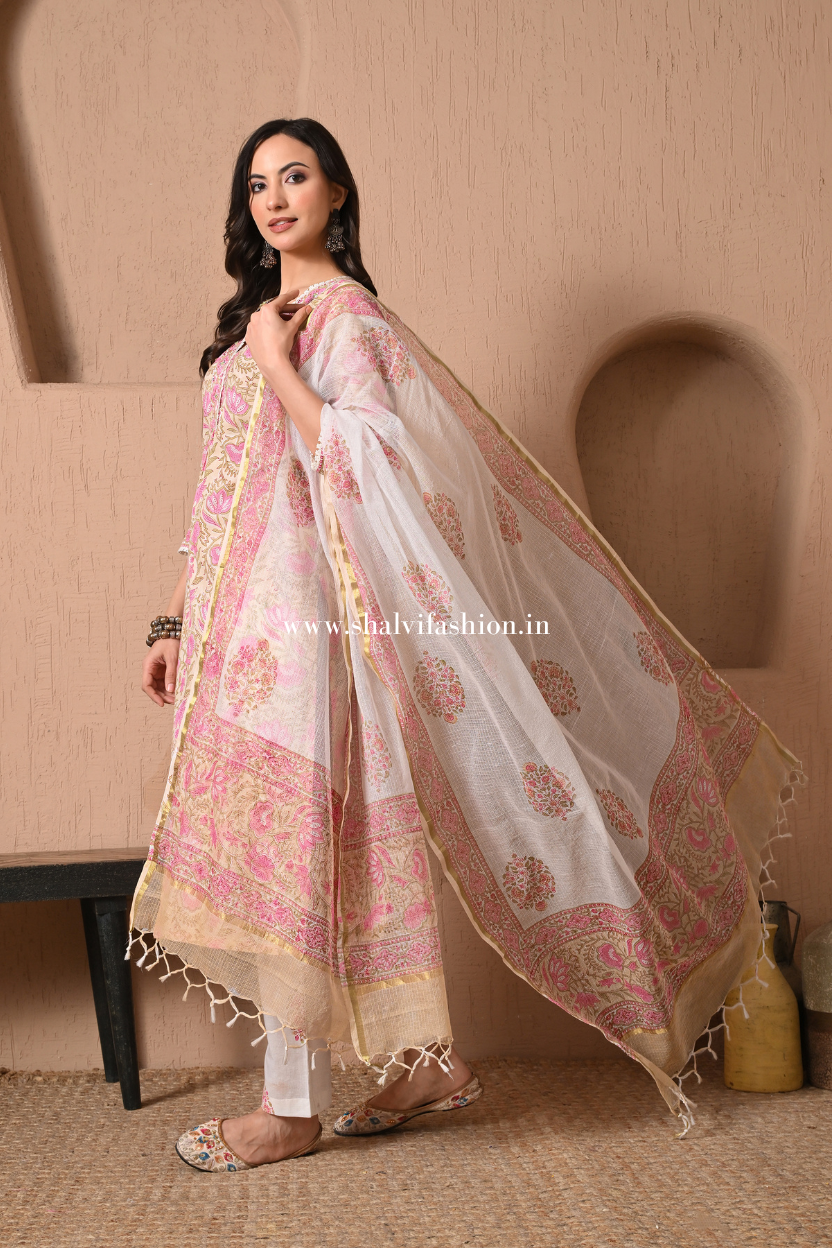 Shop block print cotton suits with kota dupatta (CSS388)