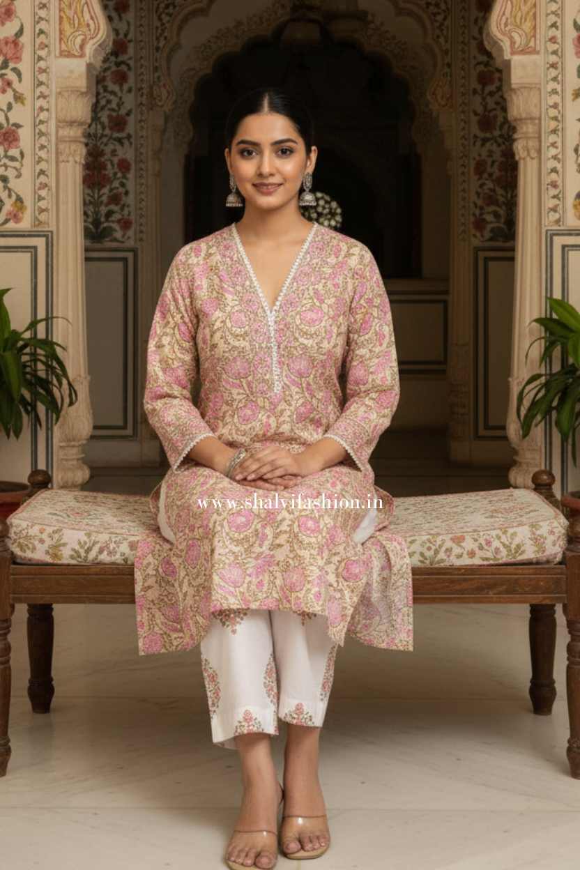 Shop block print cotton suits with kota dupatta (CSS388)