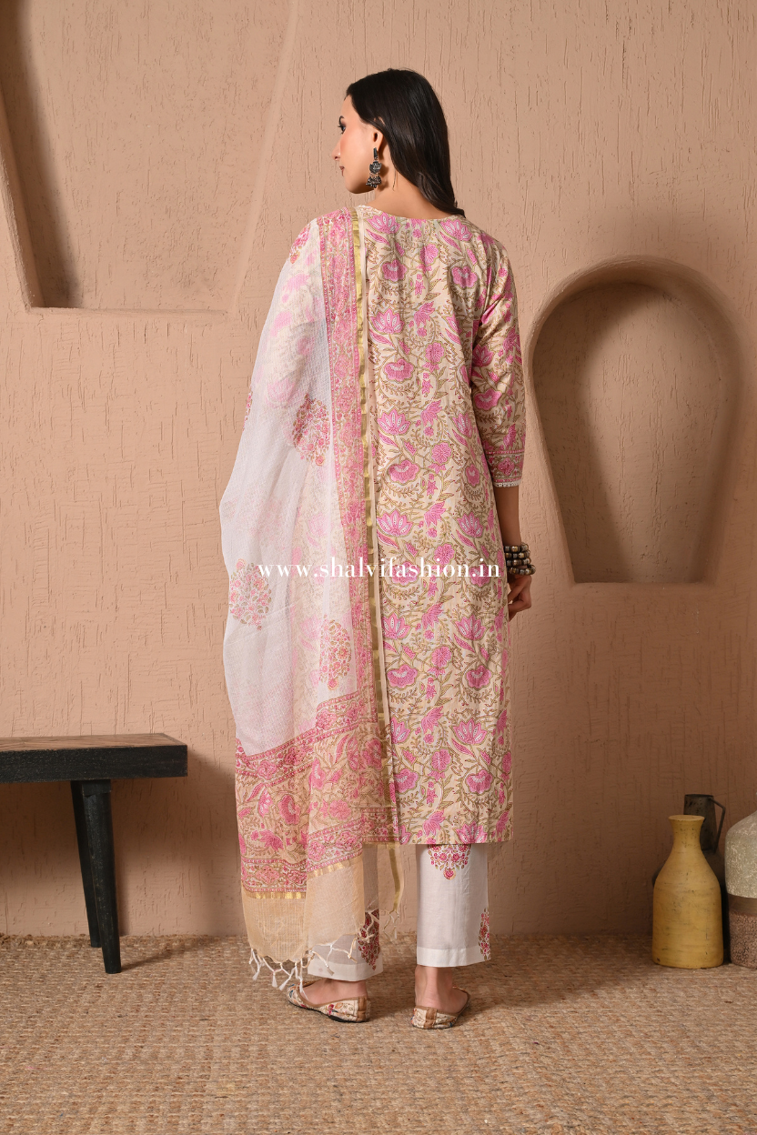 Shop block print cotton suits with kota dupatta (CSS388)